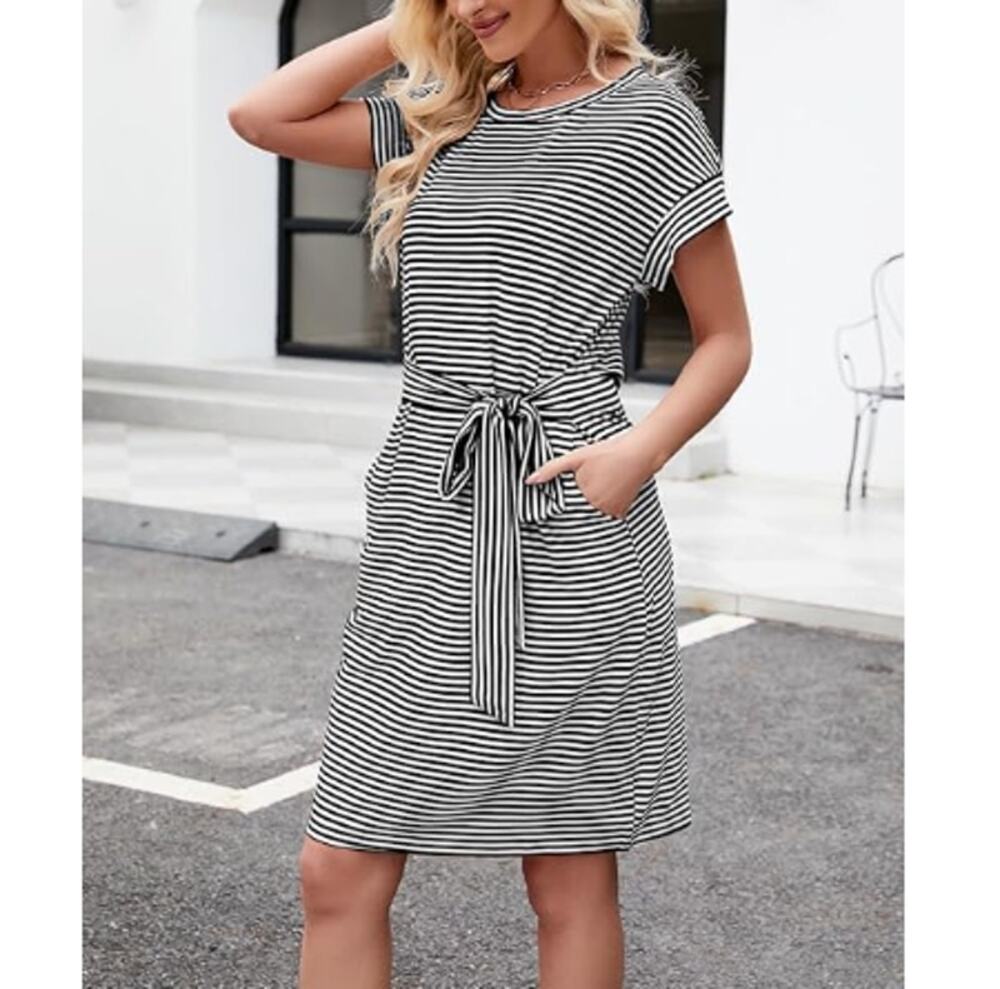 New Merokeety Women's Black/White Tie Waist Striped Pockets T-Shirt Dress Size M